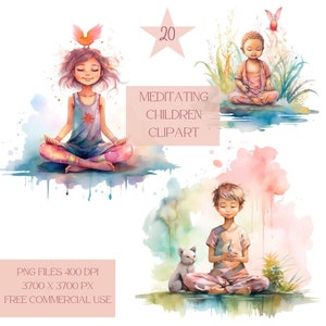 Aquarell meditierende Kinder PNG Clipart, spirituelle Png-Bundle, Entspannung, Yoga Sublimation, Meditation Png Bündel, spirituelle Clipart