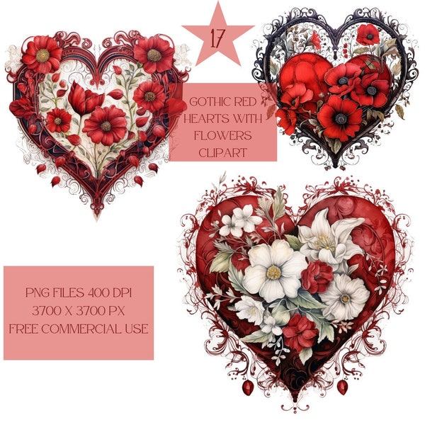 Watercolor Gothic Hearts and Flowers Clipart PNG, Gothic Love, Friendship, Cute Red color Heart Illustrations, Valentines Day