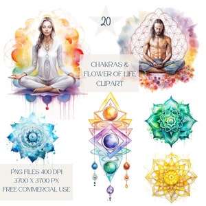 Chakras Clipart méditation PNG, fleur de vie, symboles des chakras, 3e œil, couronne, coeur, racine sacrée du plexus solaire, racine de la gorge symboles