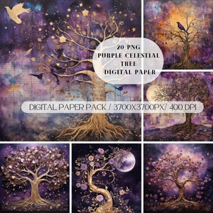 May include: A digital paper pack featuring six square images with celestial tree designs. The trees have gold-colored branches and purple foliage, set against a dark purple and blue starry background. The text reads "20 PNG Purple Celestial Tree Digital Paper".
