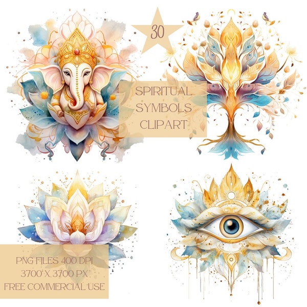 Aquarell Heilige spirituelle Symbole Clipart PNG, Ganisha, Auge des Horus, Baum des Lebens, Spiralen, Frieden, Pentakel, Ankh, Ichthys, Davidstern