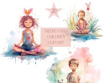 Clipart PNG di bambini in meditazione ad acquerello, pacchetto PNG spirituale, rilassamento, sublimazione yoga, pacchetto PNG di meditazione, clipart spirituale