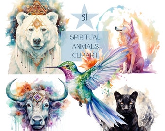 Clipart di animali spirituali ad acquerello: adesivi PNG mistici (uso commerciale gratuito)