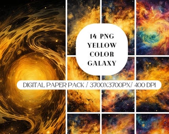 Papel digital acuarela amarillo galaxia, fondos de noche estrellada, papel de álbum de recortes de nebulosa del cielo nocturno imprimible, texturas de acuarela de pintura