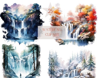 Watercolor Waterfall Clipart PNG, Landscape mountain, Magic forest, Exotic holiday, Magic scene, Perfect place, Scrapbooking, Card making