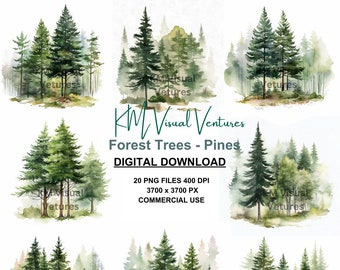 Set of 20 Watercolor Forest Tree Clipart Pine Tree Png  Woodland Tree Forest Landscap Watercolor Tree Wedding invitation PNG