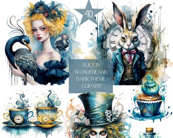 Alice in Wonderland Watercolor Clipart 40 PNG Bundle,  Fairytale Clipart, Alice PNG Images, Wonderland Character Bundle