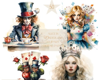 Alice in Wonderland Watercolor Clipart: Mad Hatter, White Rabbit (PNG Digital Download)