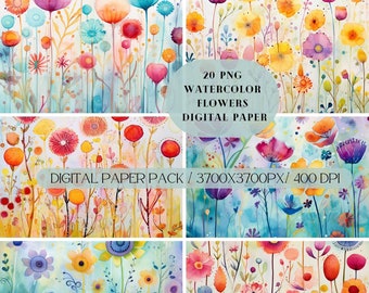 Watercolor Flowers Digital Paper Digital Paper PNG, Flower Backgrounds, Printable Paper Set, Scrapbooking Paper, Crafts