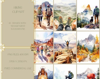 Aquarell Wandern Clipart PNG, Outdoor Urlaub, Camping Sommer Reise Bundle, Natur Illustrationen, Berge, transparenten Hintergrund, Tagebuch