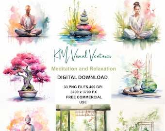 Watercolor Yoga with transparent background - Meditation and Relaxation, Yoga Pose and Mindfulness Clipart Bundle PNG, Instant download