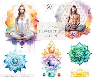 Clipart con simboli dei chakra ad acquerello: arte yoga, fiore della vita (PNG)