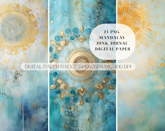Watercolor Blue and Gold Mandala Junk Journal Pages PNG, Printable Digital Download, 300dpi. Scrapbook,Junk Journal pages, Card fronts.