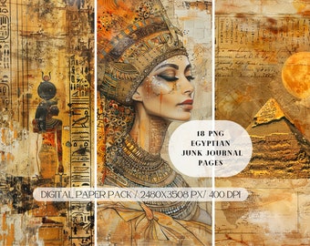 May include: A digital paper pack containing 18 PNG images with an Egyptian theme. The images feature a woman with a golden headdress, hieroglyphics, and a pyramid. The text "18 PNG EGYPTIAN JUNK JOURNAL PAGES" and "DIGITAL PAPER PACK / 2480X3508 PX/ 400 DPI" is included in the image.
