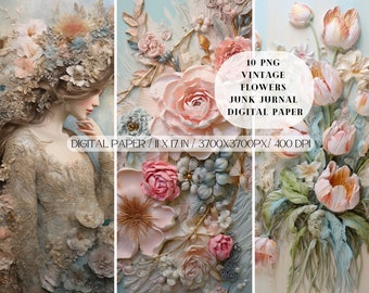 Könnte beinhalten: Digitales Papier-Set mit floralen Vintage-Designs. Das Bild zeigt eine Frau mit Blumen im Haar und Nahaufnahmen von rosa, pfirsichfarbenen und weißen Blumen. Der Text lautet "10 PNG Vintage Flowers Junk Journal Digital Paper".