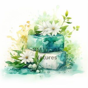 May include: Watercolor illustration of two stacked, square soaps in shades of teal and white, adorned with white daisy-like flowers and green foliage. The background features splashes of yellow and green, creating a fresh, natural aesthetic. The text "KM Visual Vetures" is visible.