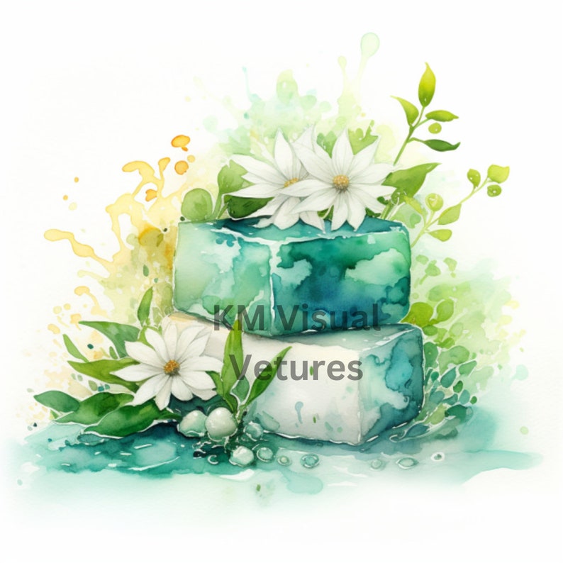 May include: Watercolor illustration of two stacked, square soaps in shades of teal and white, adorned with white daisy-like flowers and green foliage. The background features splashes of yellow and green, creating a fresh, natural aesthetic. The text "KM Visual Vetures" is visible.