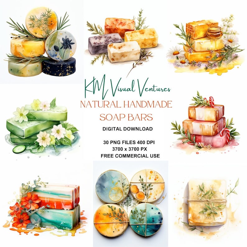 May include: Watercolor illustrations of natural handmade soap bars in various shapes and colors. The image includes round and rectangular soaps, some decorated with flowers and herbs. Text on the image reads "KM Visual Ventures, NATURAL HANDMADE SOAP BARS, DIGITAL DOWNLOAD."