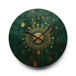 Elegant Green and Gold Mandala Acrylic Wall Clock, Modern Spiritual Home Decor, Bohemian Style,  Living Room Accent, 10&quot; - 25.4 cm