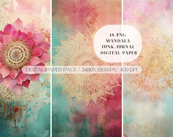 Watercolor Pink, Gold and Green Mandala Junk Journal Pages PNG, Printable Digital Download, Scrapbook, Card fronts png