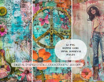 Hippie Boho Girl Junk Journal Kit PNG, Bohemian Junk Journal Printable Paper Scrapbooking, Art Journaling, Digital Download ONLY