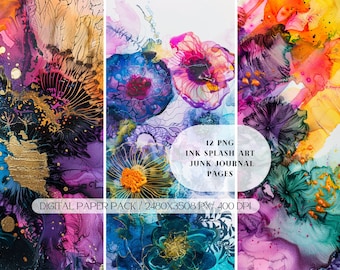 Ink Spash Color Art junk journal pages kit PNG, Collage sheet, digital download ONLY, scrapbook, notebooks, planners, cardmaking