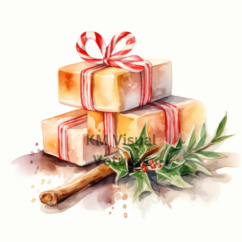 May include: Watercolor illustration of three stacked gift boxes with red and white striped ribbon and bows. The gifts are tied with red and white striped ribbon. A sprig of holly and a cinnamon stick are also included.