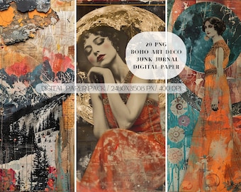 Boho Art Deco Junk Journal Kit PNG, Bohemian Junk Journal Printable Paper Art Deco 1920s, Scrapbooking, Art Journaling,Digital Download ONLY
