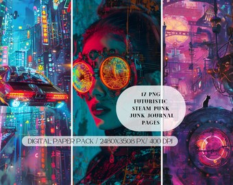 Futuristic Steam Punk Junk Journal Kit PNG, Sci-fi Junk Journal Printable Paper, Scrapbooking, Art Journaling, Digital Download ONLY