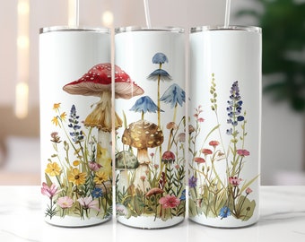 Watercolor Enchanting Mushroom and Wild Flowers 20 oz Skinny Tumbler Wrap Sublimation Design Digital Download PNG Instant Download only