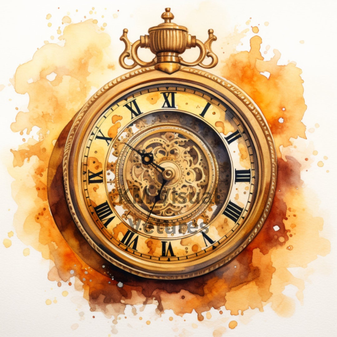 Watercolor Vintage Pocket Watch Clipart PNG Vintage Timepiece Etsy
