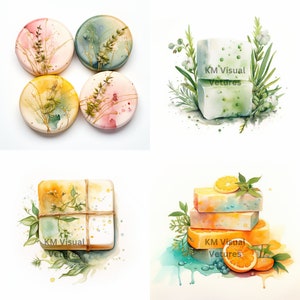 May include: A collection of watercolor-style images featuring handmade soaps. The soaps are round and rectangular, with botanical accents like sprigs and flowers. Colors include pink, green, yellow, and orange, with the text "KM Visual Vetures" on some.