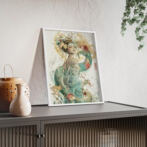 Holzrahmen spirituelle Göttin gerahmte Plakatkunst, ruhiges Dekor für Haus, japanisch inspirierte Wandkunst, Boho Wohnzimmerdekoration
