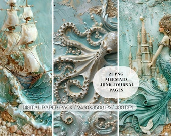 Magische Meerjungfrau 3D Digital Junk Journal Seiten PNG, Digitales Papier für Scrapbooking, Meer Digital Papier, Marine Journal Seiten, Unterwasser Seite