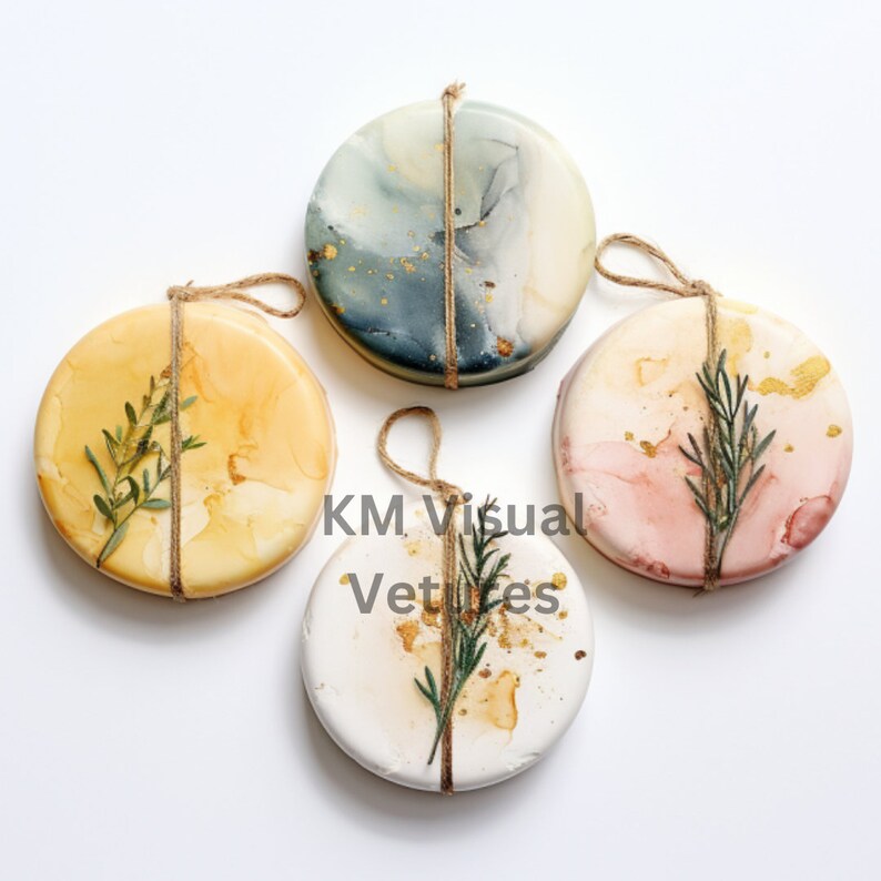 May include: Four round decorative ornaments with marbled designs in shades of yellow, blue, pink, and white. Each ornament is adorned with a sprig of greenery and tied with twine. Gold flecks add a touch of sparkle. The text "KM Visual Vetices" is visible.