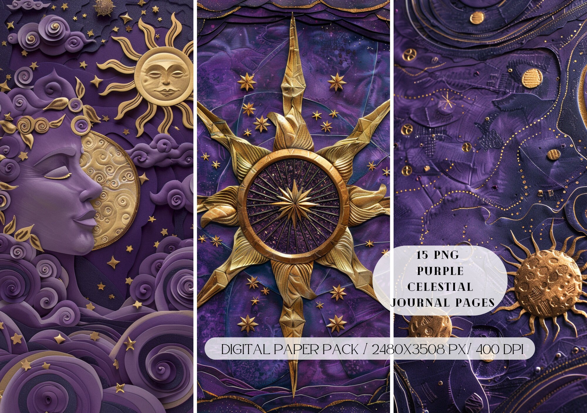 Celestial Purple and Gold Digital Paper Jurnal Pages PNG, Textures ...
