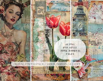 Boho 1960 Junk Journal Kit PNG, Bohemian Junk Journal Printable Paper Art Deco 1960s, Scrapbooking, Art Journaling, Digital Download ONLY