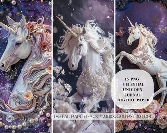 Licorne céleste 3D Pages de journal papier numérique PNG, textures papier de scrapbooking imprimable, fond violet, galaxie, cartes