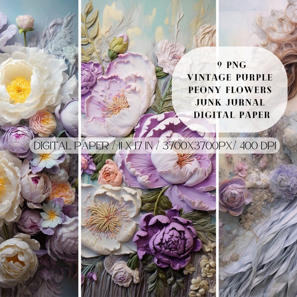 Vintage Floral Junk Journal Pages PNG, Purple Peony, Shabby Chic Style, Digital Paper, Scrapbooking Supplies, Card Making, Antique Fabrics