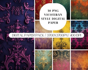 Watercolor Victorian Damask Digital Paper PNG, dark distressed grungy Gothic Victorian backgrounds, printable scrapbook, floral royal damask