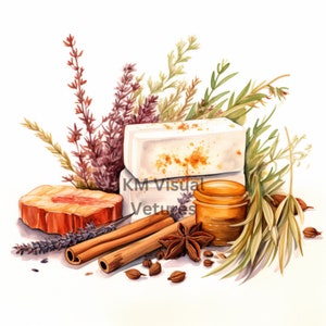 May include: Watercolor illustration of natural soaps, cinnamon sticks, star anise, and herbs. The image features two rectangular soaps, a round soap, a small jar, and various dried herbs and spices, all arranged on a white background.