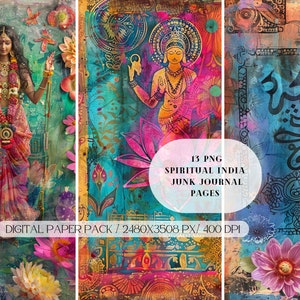 Spiritual India Junk Journal PNG, A4-pagina's, Goddes Lakshmi, kaarten voorkant, tags, folio, plakboekvoorraad, ALLEEN digitale download, afdrukbaar