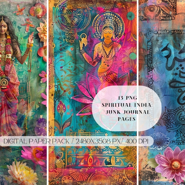 Spiritual India Junk Journal PNG, A4 pages, Goddes Lakshmi, Front Cards, Tags, Folio, Scrapbook Supply, Digital Download ONLY, Printable