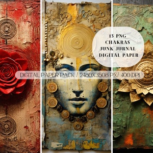 Może przedstawiać: Pakiet papieru cyfrowego z 13 obrazami PNG czakr, przedstawiający mandalę w kolorze złotym i niebieskim z twarzą kobiety, czerwoną różą i złotym kwiatem. Pakiet ma rozmiar 2480x3508 pikseli i 400 DPI.