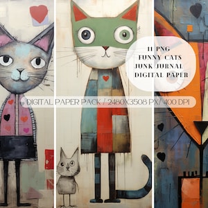 Feline Fancy Funny Quirky Cats Junk Journal Papel Digital PNG, Papel Digital para Download, Papel Digital Caprichoso, Gatos Bonitos, Mídia Mista
