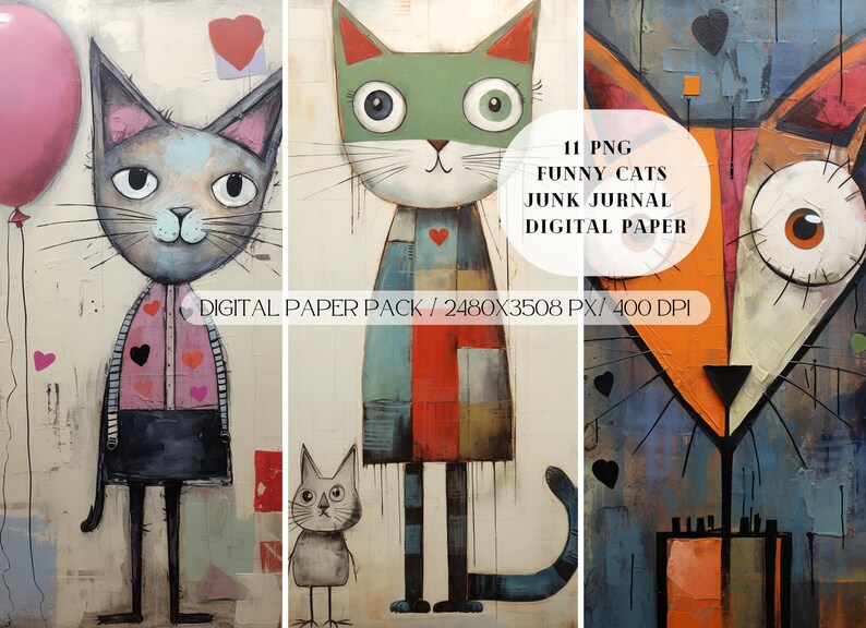 Papel digital PNG con diseño de gatos extravagantes y divertidos, papel digital descargable, papel digital caprichoso, gatos adorables, técnica mixta