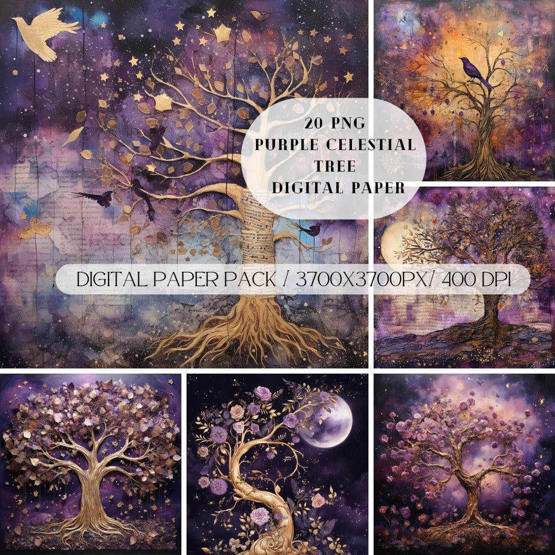 Purple Celestial Trees Journal Digital Paper PNG, Notebook Digital ...