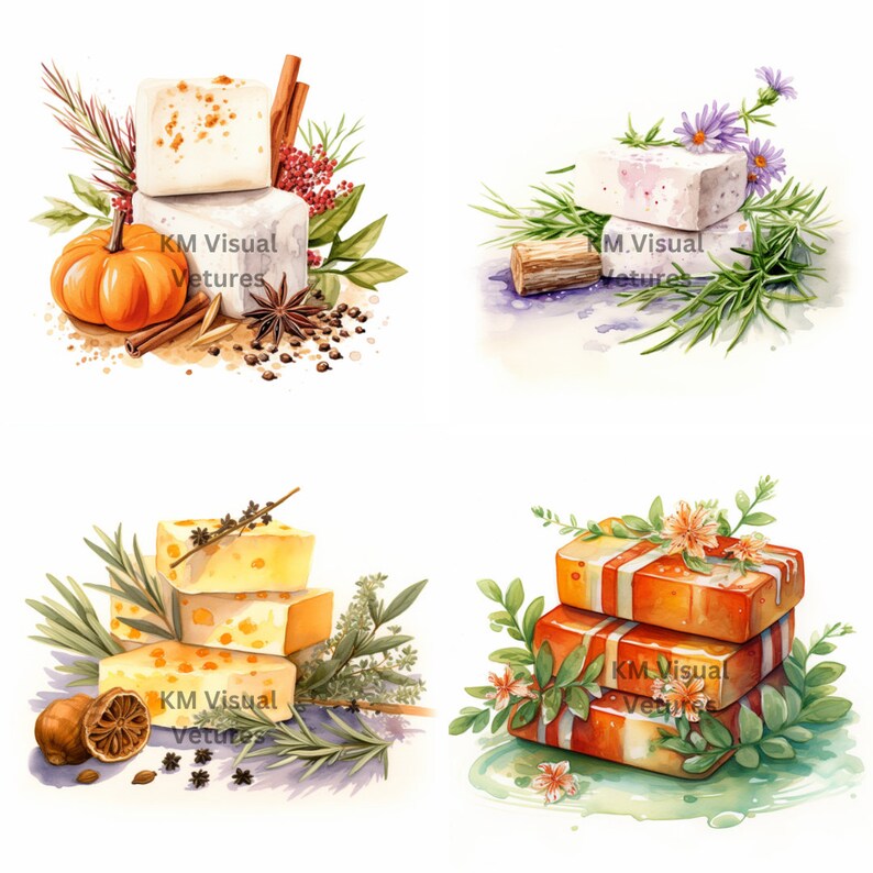 May include: Watercolor illustrations of stacked soaps with various botanical elements. Each stack features different colors and textures, with accents like pumpkins, cinnamon sticks, and flowers. The images showcase a natural, artisanal aesthetic.