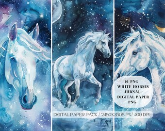Aquarelle, chevaux blancs célestes, pages de journal en papier numérique PNG, textures papier de scrapbooking imprimable, fond bleu, galaxie, cartes