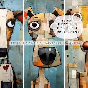 Grillige vreugde met grappige eigenzinnige honden Junk Journal digitaal papier PNG, Mixed Media, Instant Download, gratis commercieel gebruik